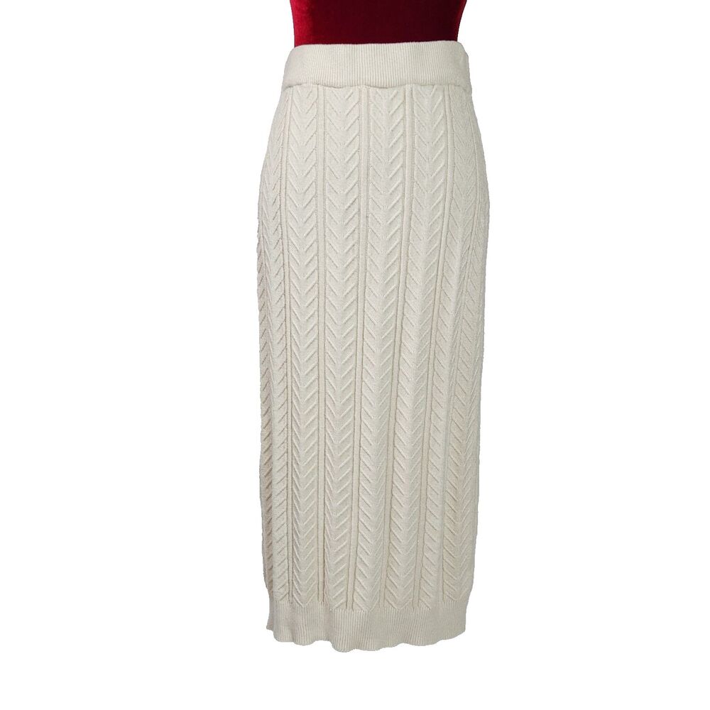 Cyrus Heather Cream Chevron Cable Knit Midi Sweater Skirt Medium Quiet Luxury